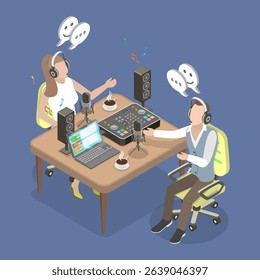 3D Isometric Flat Vector Illustration of Recording Podcast, Smiling Radio Broadcasters Talking In Headsets With Microphones At Live Show