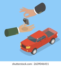 3D Isometric Flat Vector Illustration of Auto Dealership, New Or Used Pickup Truck Purchasing Options