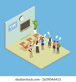 3D Isometric Flat Vector Illustration of Education And Learning, Students Posed In Classroom Holding Books And Computers.