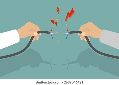 3D Isometric Flat Vector Illustration of Faulty Damaged Cable, Hand Holding Frayed Electrical Cord With Sparking Electricity