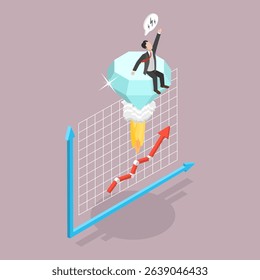 3D Isometric Flat Vector Illustration of Diamond Price Soaring Sky High, Balloon Adorned With Diamond Symbol Ascends Gracefully