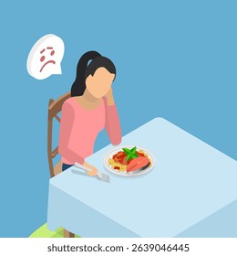 3D Isometric Flat Vector Illustration of Bored Eating, Woman Struggles With Eating Disorder And Lack Of Appetite, Staring At Plate Of Spaghetti