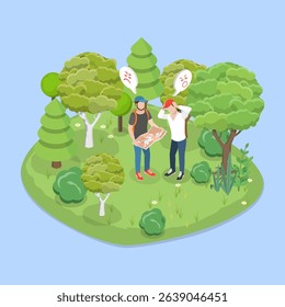 3D Isometric Flat Vector Illustration of Lost Tourists, Man Wanders Through Forest, Recalling Path To Home Or Highway
