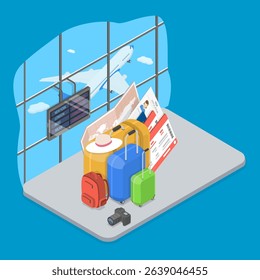 3D Isometric Flat Vector Illustration of Traveling, Airport With Airplane And Control Tower In Background