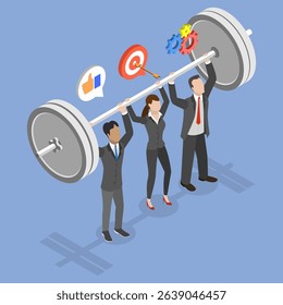 3D Isometric Flat Vector Illustration of Employees Teamwork, Collaborative Business Team Lifting Barbell Demonstrates Unity And Synergy In Goal Achievement.