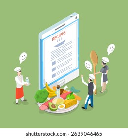 3D Isometric Flat Vector Illustration of Cooking Process Website, Online Recipe Collection
