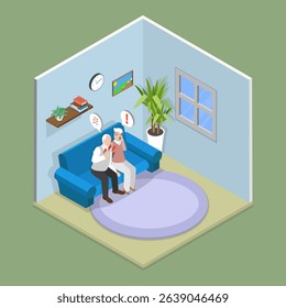 3D Isometric Flat Vector Illustration of Elderly Healthcare, Old Woman Calls Ambulance For Mature Husband Showing Signs Of Heart Attack, Feeling Scared.