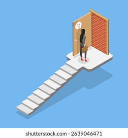 3D Isometric Flat Vector Illustration of Obstacle on Path to Success, Blocked Exit Door Reveals Brick Wall