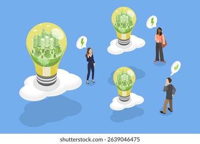 3D Isometric Flat Vector Illustration of Renewable Resources, Recycling, and Green Transport, Eco-Friendly Light Bulbs