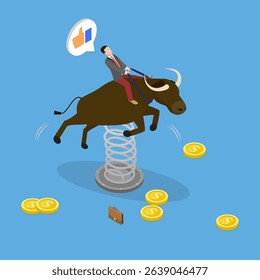 3D Isometric Flat Vector Illustration of Global Economy, Confident Investor Maneuvers Bull Market To Achieve Success Balancing Risk And Uncertainty