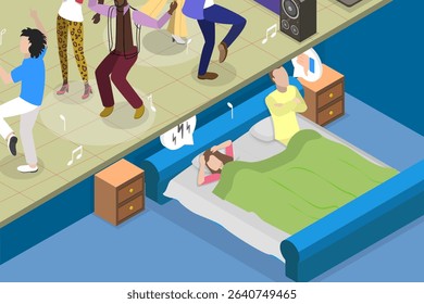 3D Isometric Flat Vector Illustration of Annoyed People Cannot Sleep, Loud Neighbors