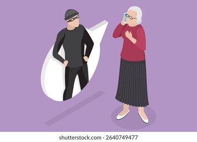 3D Isometric Flat Vector Illustration of Crime and Fraud on Internet, Senior Woman Conversing With Phone Swindler Attempting To Obtain Bank Password.