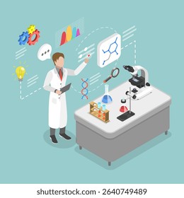 3D Isometric Flat Vector Illustration of Science Researching Lab, Scientist Using Virtual User Interface And Equipment