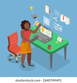3D Isometric Flat Vector Illustration of Online Courses Application, Student Engaging In E-Learning With Tablet, Interacting With Virtual User Interface