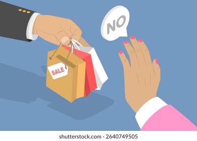 3D Isometric Flat Vector Illustration of Stop Shopping Banner, Hand Rejecting Shopping Bags With Sale Products