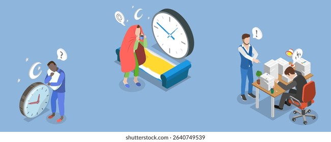 3D Isometric Flat Vector Illustration of Sleep Problems, Stress Management