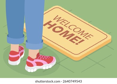 3D Isometric Flat Vector Illustration of Welcoming Front Door Mat, Home Rug On Apartment Entrance
