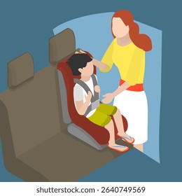 3D Isometric Flat Vector Illustration of Car Seat For Children, Mother Ensures Child Safety In Car Seat