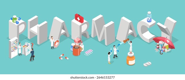 Ilustração de Vetor Plano Isométrica 3D de Negócios Farmacêuticos, Caracteres em Farmácia Banner para a indústria de farmácia.