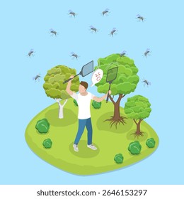 3D Isometric Flat Vector Illustration of Fight Against Insects, Using Fly Swatters To Eliminate Mosquitos And Flies
