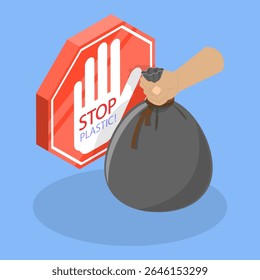3D Isometric Flat Vector Illustration of Stop Plastic And Reduce Environmental Pollution, Say no to Plastic Bags