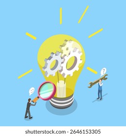 3D Isometric Flat Vector Illustration of Creativity and Creation Process, Seeking Creative Inspiration While Repairing Lightbulb
