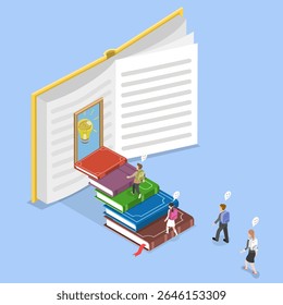 Ilustração Vetorial Plana Isométrica 3D Da Leitura Como Um Sucesso No Futuro, Grupo De Crianças Estudantes Posando Com Livro Aberto E Ideia De Lâmpada