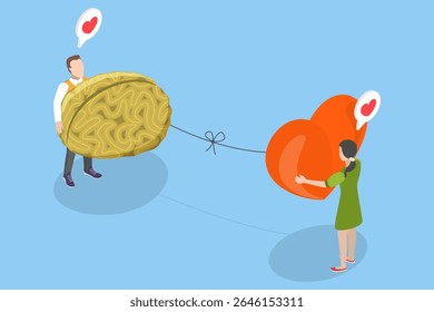 3D Isometric Flat Vector Illustration of Connection of Mind and Heart, Seeking Equilibrium, Holding Heart And Brain In Hands