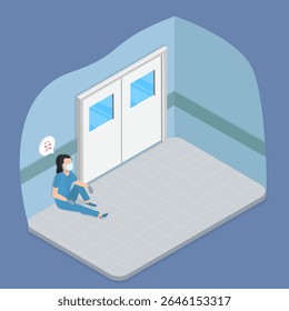 3D Isometric Flat Vector Illustration of Tired Doctor in Stress, Concept Of Doctor Burnout Amidst Hard Conditions of Work