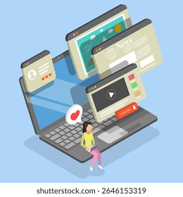 Ilustração de vetor plana isométrica 3D de gerenciamento de conteúdo, Poster de mídia social, Artigos de blog