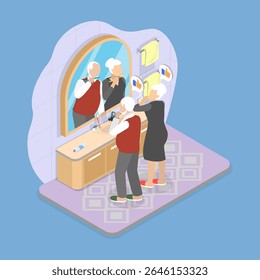 Ilustração de vetor plano isométrica 3D de odontologia e saúde, casal idoso se envolvendo em rituais matinais lado a lado