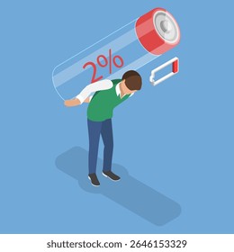 3D Isometric Flat Vector Illustration of Feeling Tired and Low Power, Figure With Drained Battery, Helplessly Running