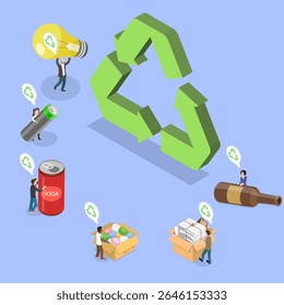 Ilustração Vetorial Plana Isométrica 3D de Separação e Reciclagem, O Símbolo De Separação De Lixo Entre Mãos De Pessoas Diferentes