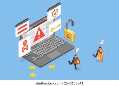 Ilustração de vetor plano isométrica 3D de crimes cibernéticos, ataque de hackers, criminosos on-line roubando informações bancárias de computadores.