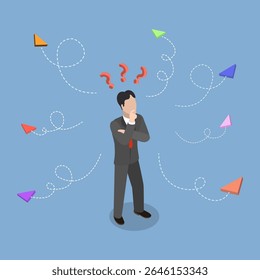 Ilustração de Vetor Plano Isométrico 3D de Dilema, O Homem Perdeu E Enfrentando Direções Conflitantes.