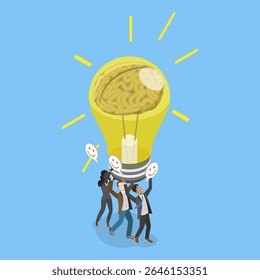 Ilustração de Vetor Plano Isométrica 3D da Sessão Brainstorm, Geração de Ideias Colaborativas com Lâmpada, Aproveitando a Criatividade Coletiva para Soluções
