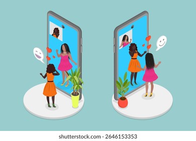 Ilustração de vetor plano 3D isométrica de telefone em uma cena de diálogo, meninas ridentes se comunicam no telefone celular usando rede de provedores móveis confiável.