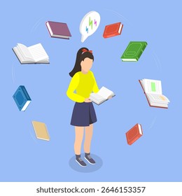 3D Isometric Flat Vector Illustration of Kids Education, Reading Books To Enhance Knowledge And Skills