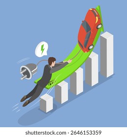 3D Isometric Flat Vector Illustration of EV Stock Pice Soaring, Electric Vehicle Charging As Green Stock Market Soars