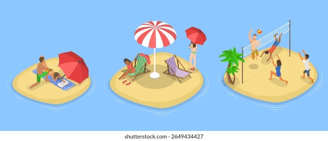 3D Isometric Flat Vector Illustration of Beach Fun, Summer Leasure Time