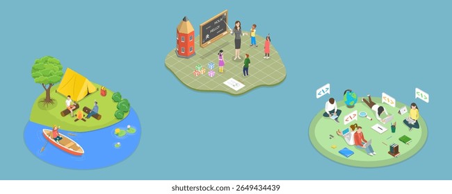 3D Isometric Flat Vector Illustration of Summer Activities, Camping Composition
