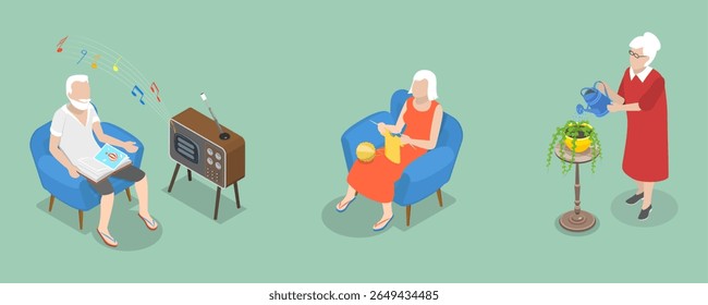 Ilustração 3D Isométrica Plana Vetor de Diversão de Lazer, Homens e Mulheres Idosos Desfrutando de Hobbies Em Casa de Enfermagem