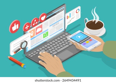 3D Isometric Flat Vector Illustration of Technology And Communication, Man Engaging With Augmented Reality Content And News On Smartphone While Reading Magazine.