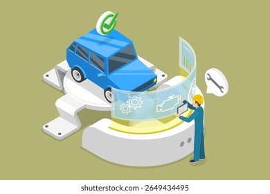 Ilustração de vetor plano isométrica 3D de reparação inovadora de carro, interagindo com interface de usuário virtual
