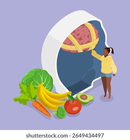 Ilustração de vetor plano isométrica 3D da doença da dieta, efeitos psicológicos de dietas não saudáveis