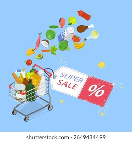 Ilustração de vetor plana isométrica 3D de supermercado de compras on-line, venda de supermercado de publicidade