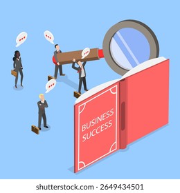 3D Isometric Flat Vector Illustration of Teamwork and Guidance, Joyful Professionals Reading Large Book On Achieving Success In Business As A Team.