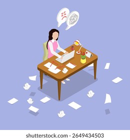3D Isometric Flat Vector Illustration of Writing Essay, Concept Of Burnout and Creativity Crisis