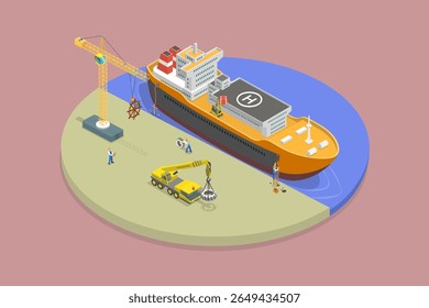 3D Isometric Flat Vector Illustration of Marine Industry, Innovative Idea For Constructing Ships