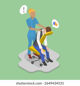 Ilustração de vetor plano 3D isométrica de fisioterapia, terapeuta de massagem feminina ajuda paciente com dor nas costas na clínica